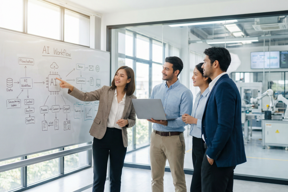 Team of SME leaders collaborating on AI workflow strategy in an innovation lab setting