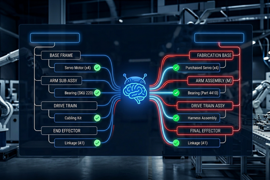 AI agent reconciling engineering BOM and manufacturing BOM with automated matching