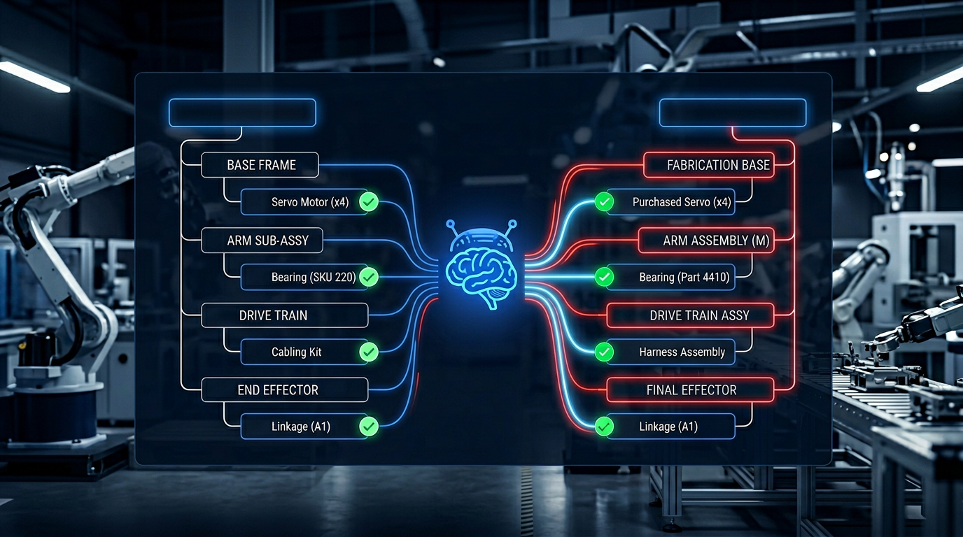 AI agent reconciling engineering BOM and manufacturing BOM with automated matching