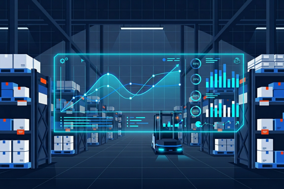 AI-powered inventory forecasting dashboard in a modern manufacturing warehouse
