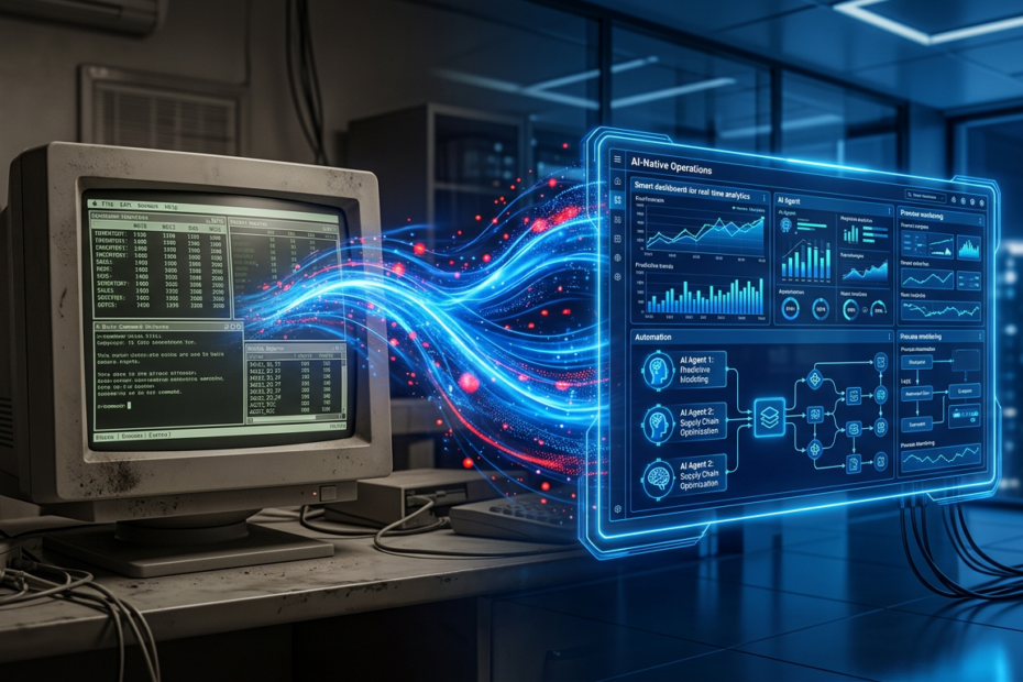 Visual transformation from legacy ERP terminal to modern AI-native operations dashboard